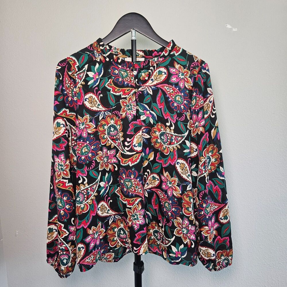 LOFT Outlet Petite Blouse LP Paisley Floral Top Womens Black Multicolor Boho